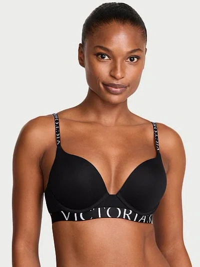Victoria's Secret The T-shirt Bombshell Add-2-cups Cotton Exploded Logo Push-up Bra In Black