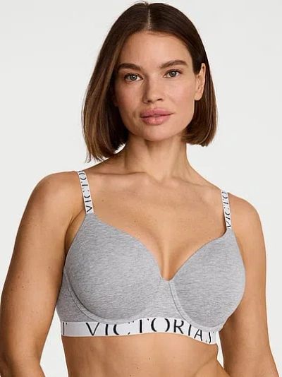 Victoria's Secret The T-shirt Cotton Exploded Logo Lightly Lined Full-coverage Bra In Gray