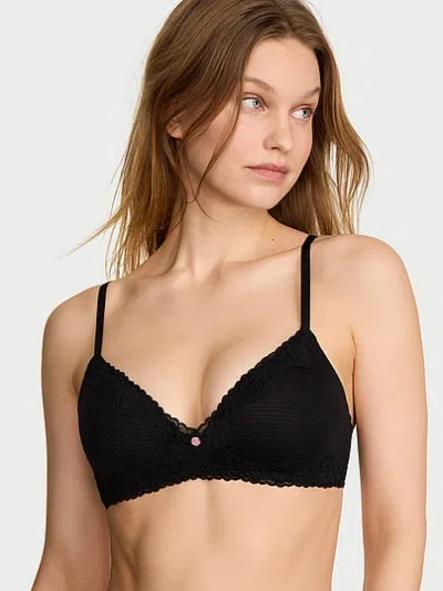Victoria's Secret The T-shirt Cotton Shadow Stripe Lace-trim Lightly Lined Wireless Bra In Black