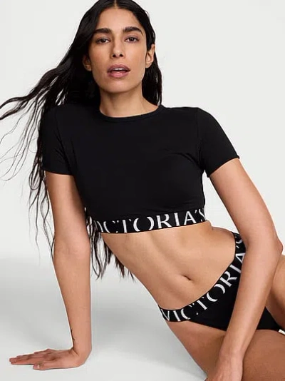 Victoria's Secret The T-shirt Cotton Short-sleeve Bralette Crop Top In Black
