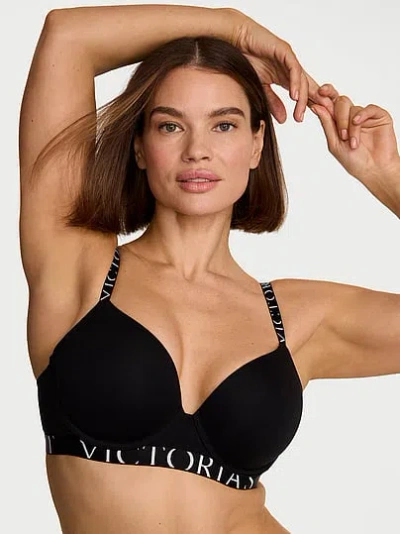 Victoria's Secret The T-shirt Perfect Shape Cotton Exploded Logo Push-up Bra In Black