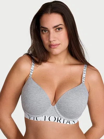 Victoria's Secret The T-shirt Perfect Shape Cotton Exploded Logo Push-up Bra In Gray