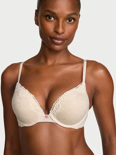Victoria's Secret The T-shirt Bombshell Add-2-cups Cotton Lace-trim Push-up Bra In Beige
