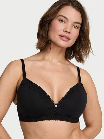 Victoria's Secret The T-shirt Cotton Lace-trim Lightly Lined Wireless Bra In Black