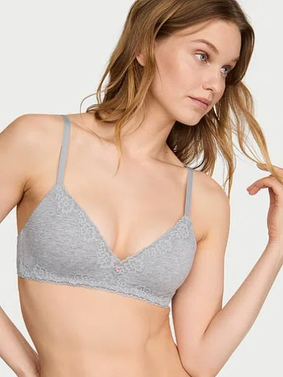 Victoria's Secret The T-shirt Cotton Lace-trim Lightly Lined Wireless Bra In Gray