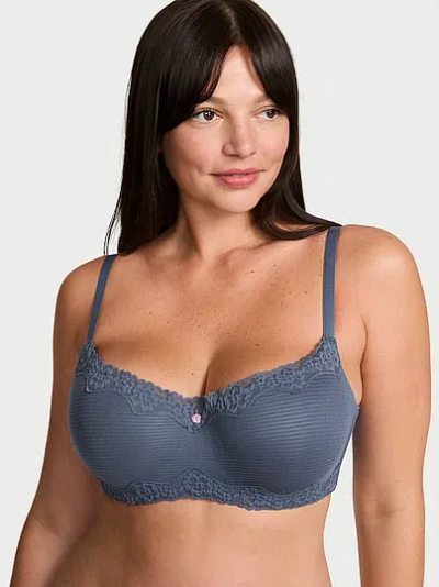 Victoria's Secret The T-shirt Cotton Shadow Stripe Lace-trim Balconette Bra In Blue