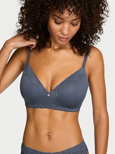 Victoria's Secret The T-shirt Cotton Shadow Stripe Lace-trim Lightly Lined Wireless Bra In Blue
