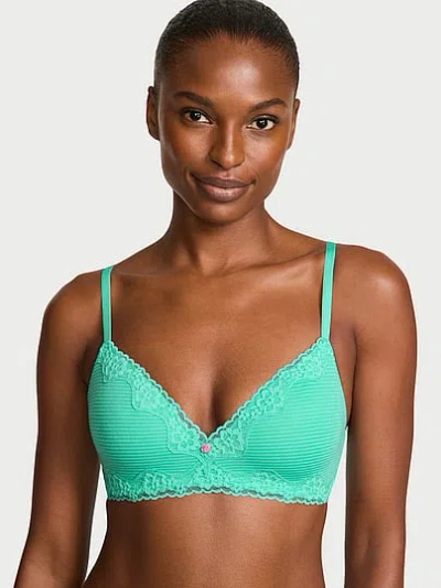 Victoria's Secret The T-shirt Cotton Shadow Stripe Lace-trim Lightly Lined Wireless Bra In Green