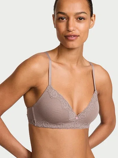 Victoria's Secret The T-shirt Cotton Shadow Stripe Lace-trim Lightly Lined Wireless Bra In Brown