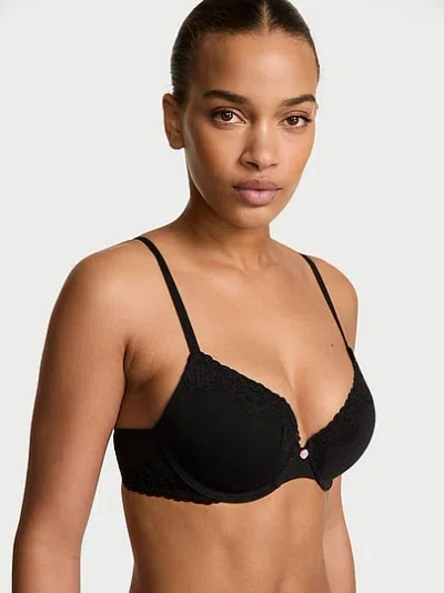 Victoria's Secret The T-shirt Perfect Shape Cotton Lace-trim Push-up Bra In Black
