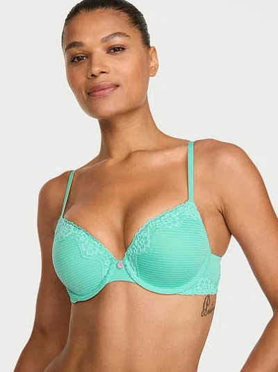 Victoria's Secret The T-shirt Perfect Shape Cotton Shadow Stripe Lace-trim Push-up Bra In Blue