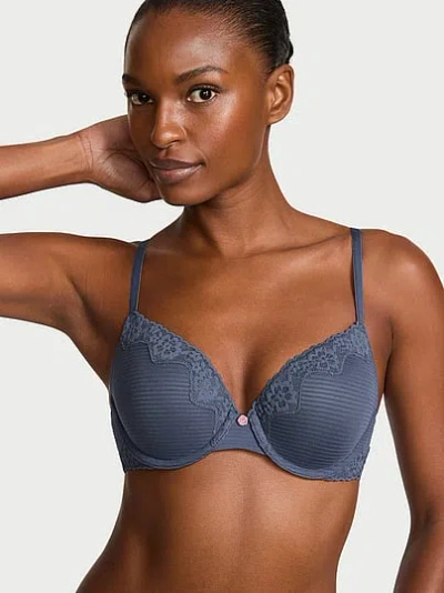 Victoria's Secret The T-shirt Perfect Shape Cotton Shadow Stripe Lace-trim Push-up Bra In Blue