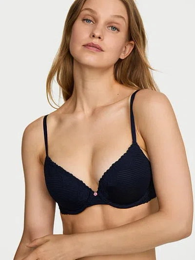 Victoria's Secret The T-shirt Perfect Shape Cotton Shadow Stripe Lace-trim Push-up Bra In Blue