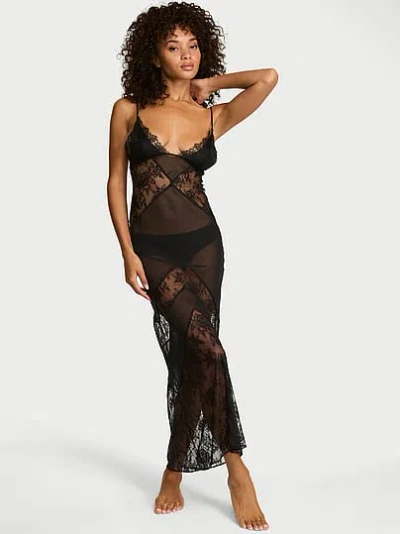 Victoria's Secret Very Sexy Chiffon & Rose Lace Maxi Slip Dress In Black