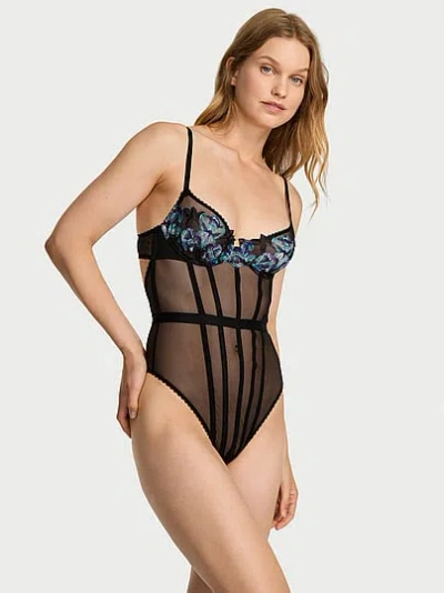 Victoria's Secret Very Sexy Electric Orchid Embroidery Sheer Bodysuit In Animal Print
