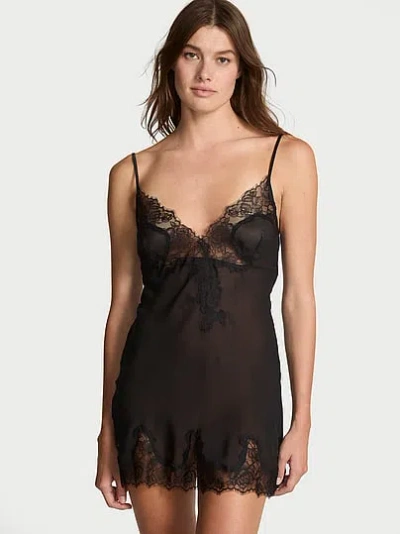Victoria's Secret Very Sexy Rose Lace & Chiffon Mini Slip Dress In Black
