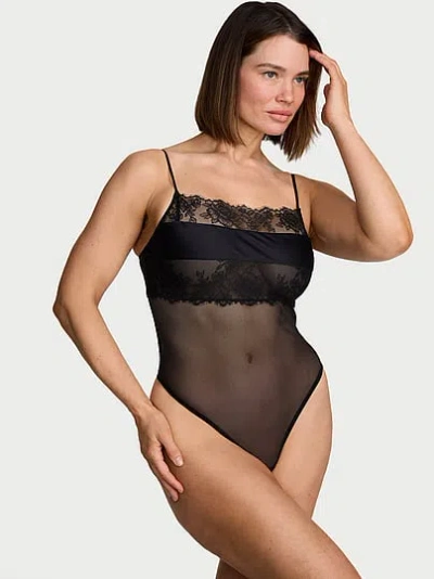 Victoria's Secret Very Sexy Rose Lace & Mesh Straight-neck Bodysuit In Black