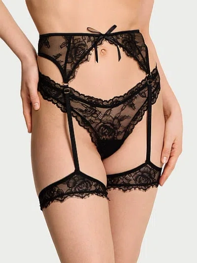 Victoria's Secret Very Sexy Rose Lace Bows Garter Belt In Black