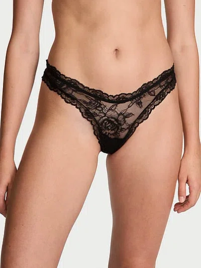 Victoria's Secret Very Sexy Rose Lace High-leg Thong Panty In Black