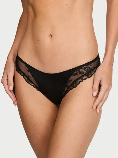 Victoria's Secret Very Sexy Rose Lace Overlay Thong Panty In Black