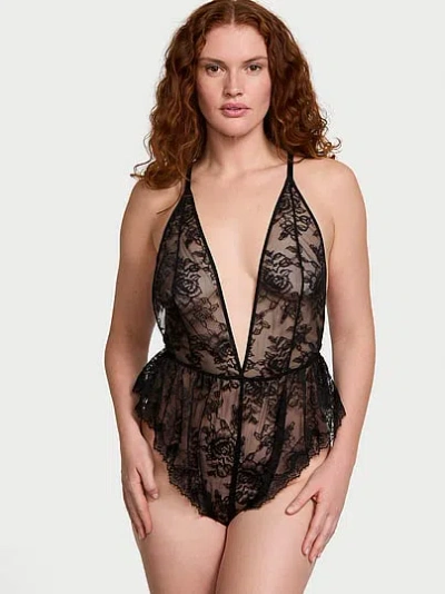 Victoria's Secret Very Sexy Rose Lace Plunge Flutter Romper In Black