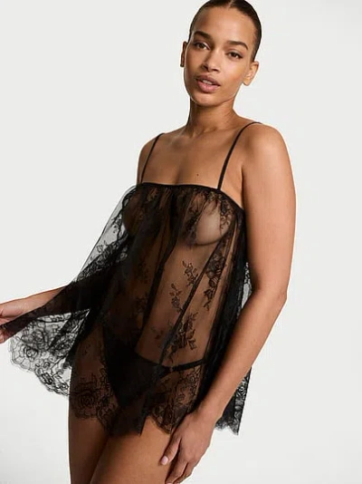Victoria's Secret Very Sexy Rose Lace Straight-neck Babydoll Set In Black