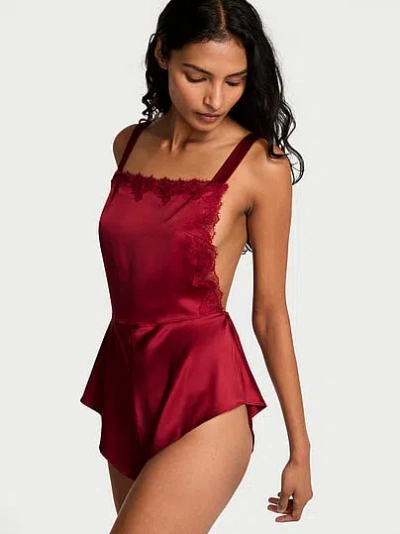 Victoria's Secret Very Sexy Satin Lace-trim Square-neck Flutter Romper In Red