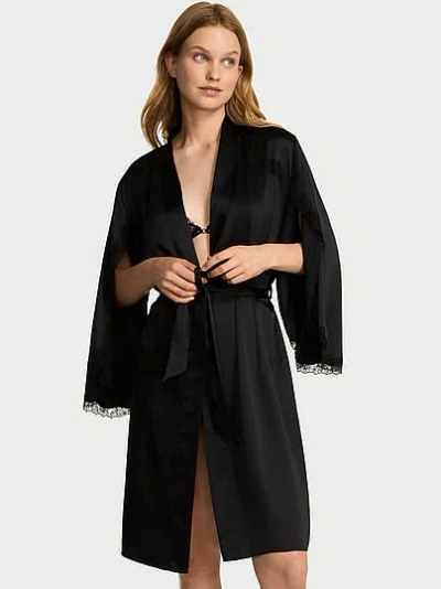 Victoria's Secret Very Sexy Satin Rose Lace-trim Midi Robe In Black