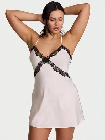 Victoria's Secret Very Sexy Satin Rose Lace-trim Mini Slip Dress In White