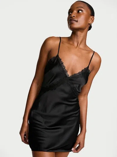 Victoria's Secret Very Sexy Satin Rose Lace-trim Mini Slip Dress In Black