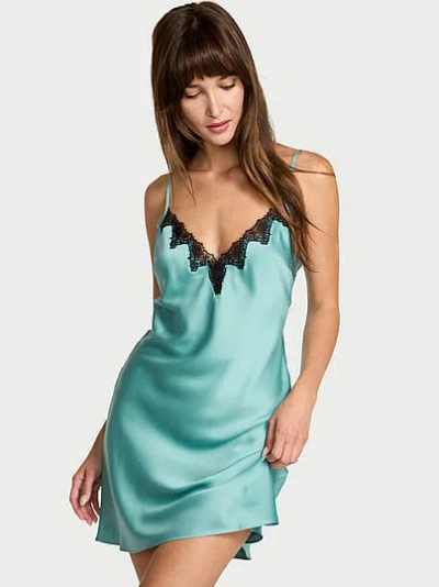 Victoria's Secret Very Sexy Satin Rose Lace-trim Mini Slip Dress In Blue