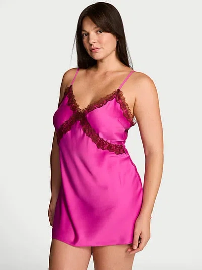Victoria's Secret Very Sexy Satin Rose Lace-trim Mini Slip Dress In Pink