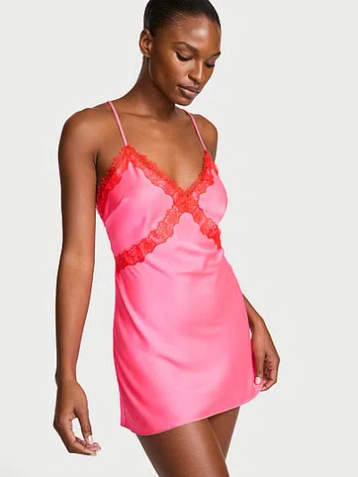 Victoria's Secret Very Sexy Satin Rose Lace-trim Mini Slip Dress In Pink