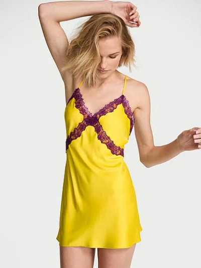 Victoria's Secret Very Sexy Satin Rose Lace-trim Mini Slip Dress In Yellow