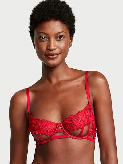 Victoria's Secret Very Sexy Satin Ziggy Glam Floral Embroidery Strappy Open-cup Bra In Red