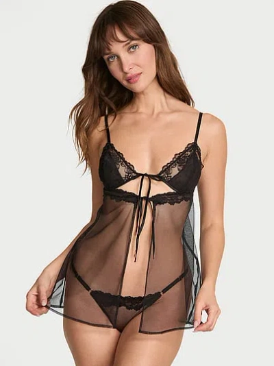 Victoria's Secret Very Sexy Sheer Rose Lace Triangle Babydoll Set In Black