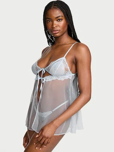 Victoria's Secret Very Sexy Sheer Rose Lace Triangle Babydoll Set In Blue