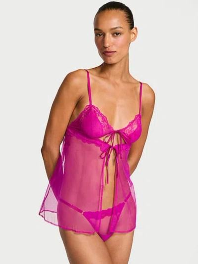 Victoria's Secret Very Sexy Sheer Rose Lace Triangle Babydoll Set In Pink