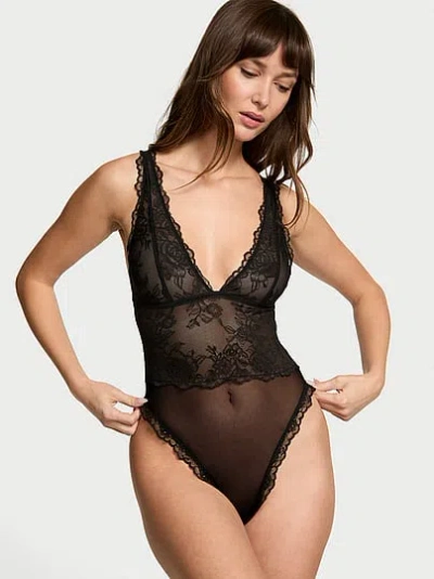 Victoria's Secret Very Sexy Sheer Rose Plunge Bodysuit In Black