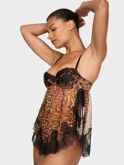 Victoria's Secret Very Sexy Wicked Sheer Unlined Lace-trim Babydoll Set In Animal Print