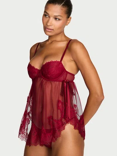 Victoria's Secret Very Sexy Wicked Sheer Unlined Lace-trim Babydoll Set In Red