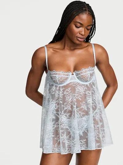 Victoria's Secret Very Sexy Wicked Unlined Rose Lace Babydoll Set In Blue
