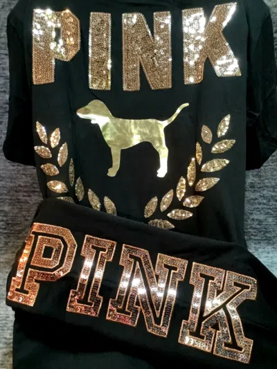 Pre-owned Victoria's Secret Pink Bling Campus Tee Shirt + Jogger Set Ombre Rose Gold L