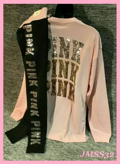 Pre-owned Victoria's Secret Pink Bling Campus Tee Shirt + Leggings Set Chalk Rose M L Nip In White