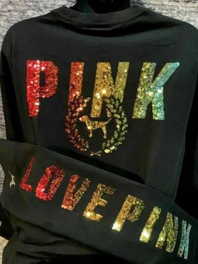 Pre-owned Victoria's Secret Pink Bling Ombre Rainbow Campus Tee Shirt + Leggings Set S M L In Black Rainbow