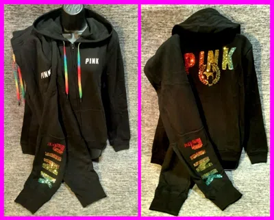 Pre-owned Victoria's Secret Pink Bling Ombre Rainbow Hoodie + Jogger Pants Set Dog M L Nip In Black Rainbow