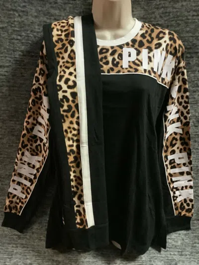 Pre-owned Victoria's Secret Pink Campus Tee Shirt + Leggings Set Black Leopard M L Nip