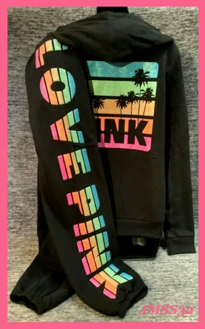 Pre-owned Victoria's Secret Pink Rainbow Glitter Full Zip Hoodie + Pants Set Black L