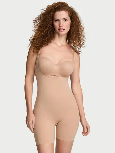 Victoria's Secret Vs X Leonisa Open-bust Mid-thigh Sculpting Bodysuit In Beige