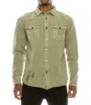 Victorious Long Sleeve Button Up Distressed Denim Jacket In Olive In Green